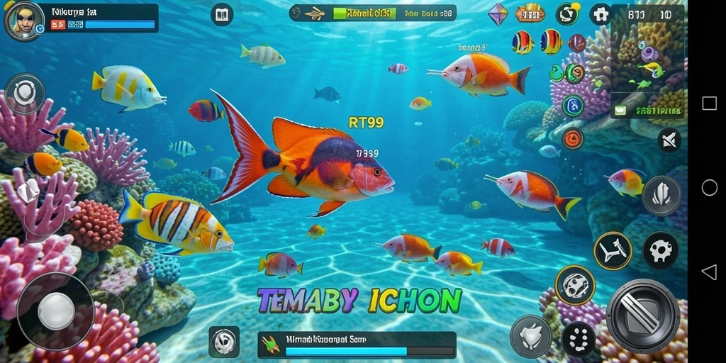 Gambaran gameplay seru dalam RT99 menembak ikan di lautan.